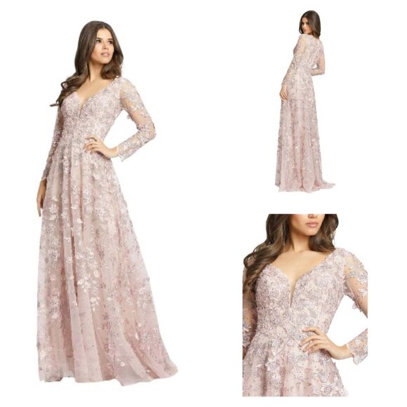 NWT MAC DUGGAL 70224 Pink Floral Applique Long Sleeve Illusion Gown Pink Size 8 - Picture 1 of 15